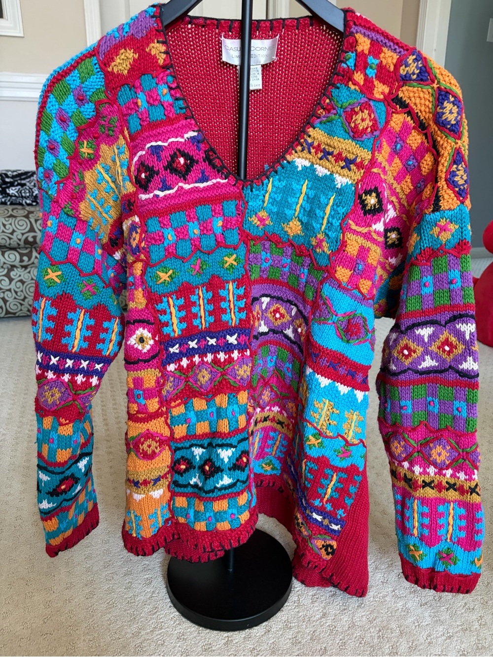 Vintage Casual Corner Multicolor Patchwork V-Neck Sweater